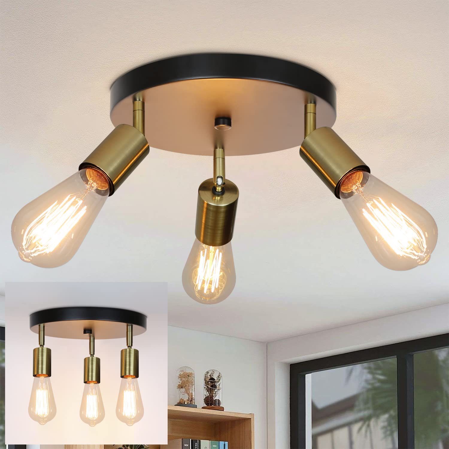 NETTLIFE - taklampa, 3 takspotlights, max. 25W, E27 Vintage - flamma, rund, modern vridbar ljuskrona, sovrum, matsal