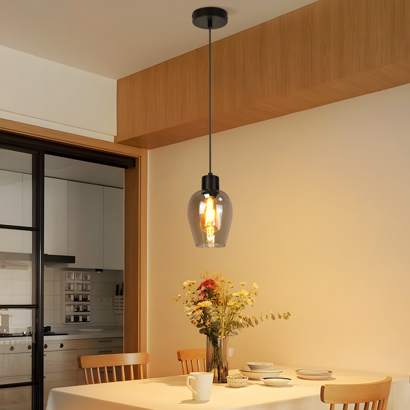 NETTLIFE Svart matbordslampa - Enkellågig E27-hänglampa tillverkad av rökfärgat vintageglas
