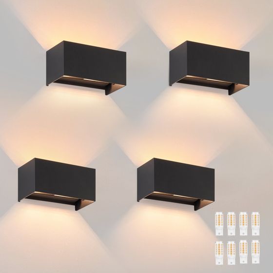NETTLIFE 4 svarta LED-vägglampor för utomhusbruk, upp-/nedbelysning, IP65, varmvitt ljus G9