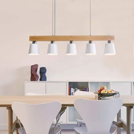 NETTLIFE pendellampa, 5 ljuskällor, E27, vit, modern matlampa i metall och trä, diameter 102 cm, för kök, vardagsrum, hall