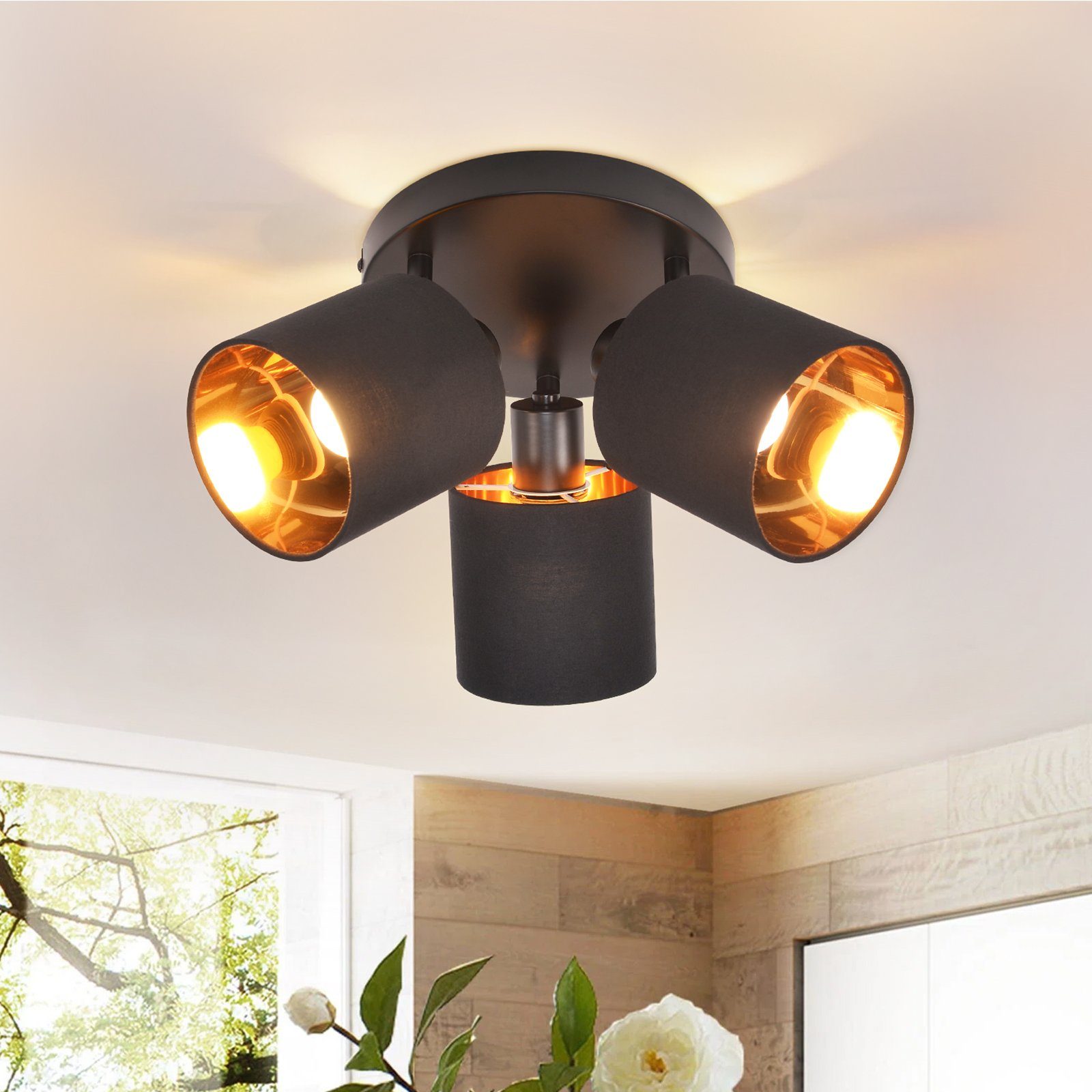 NETTLIFE 3 svarta vintage takspotlights E14 350° roterbara MAX 25W med tygnät för vardagsrum utan glödlampa
