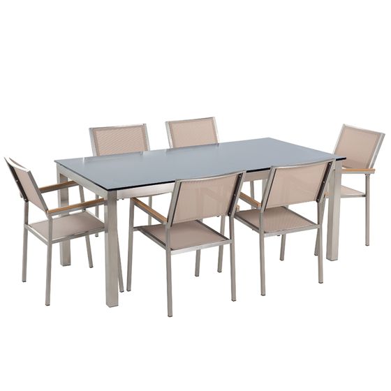 Trädgårdsmatgrupp 6-sits GROSSETO Härdat glas Svart/ Beige