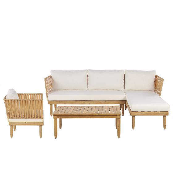 Trädgårdssoffgrupp med bord 4-sits CREMONA Akaciaträ Ljusbrun/ Off-White Vänstervänd
