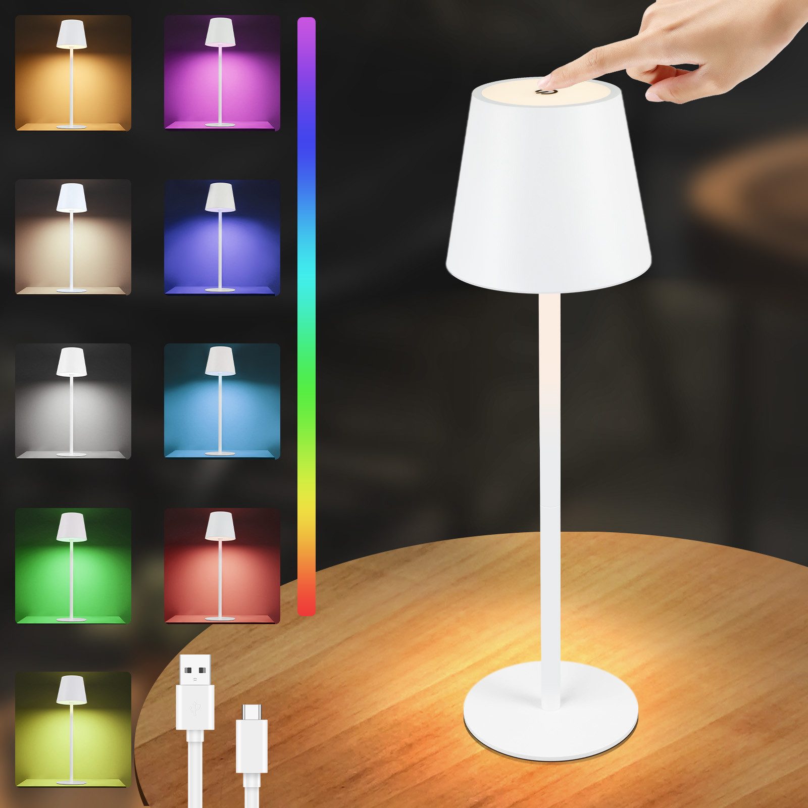 NETTLIFE trådlös bordslampa, uppladdningsbar LED-lampa med RGB-färger, touch-dimning, vit, USB-batteri 2600 mAh