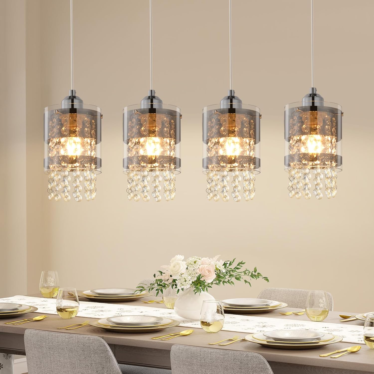 NETTLIFE modern matbordslampa, glas, 4 lågor, 150 cm, höjdjusterbar, kristall, E27