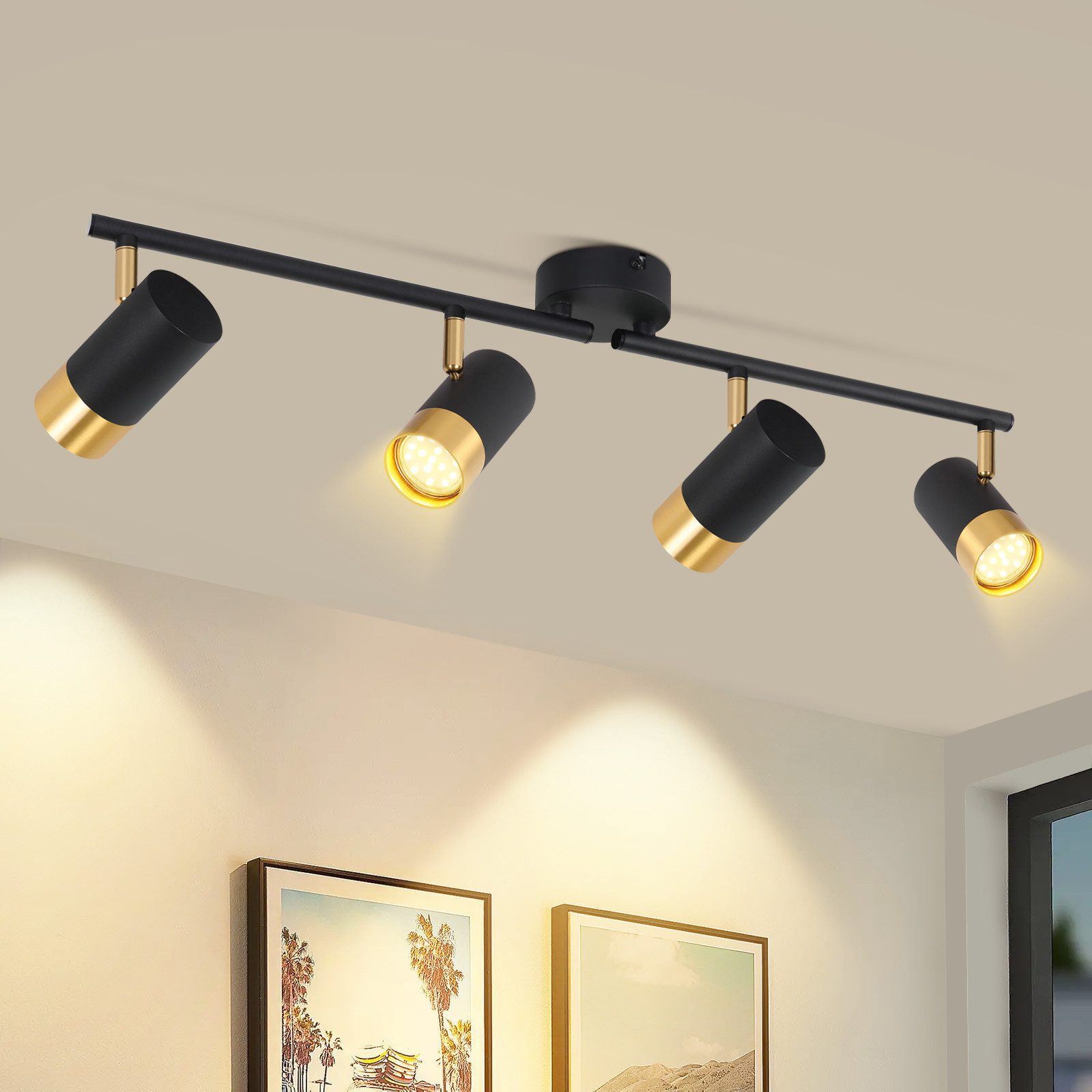 NETTLIFE GU10 takspotlight för hall, svart/guld, 350° roterbar, vintagestil