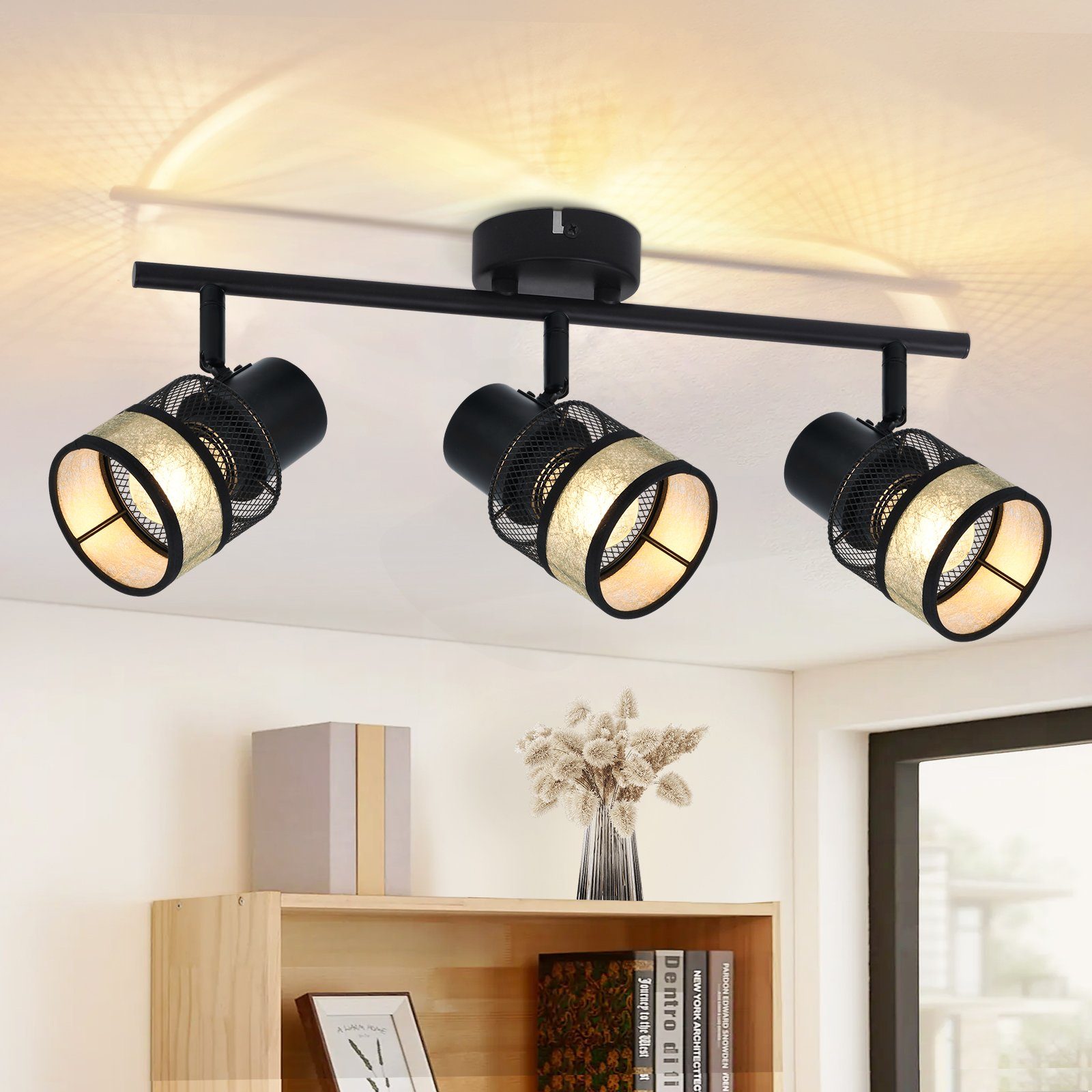 NETTLIFE Taklampa, 3 E27-lampor, metall, max. 25 W, svart - vintage - guldfärgad tygskärm, roterbar 330°