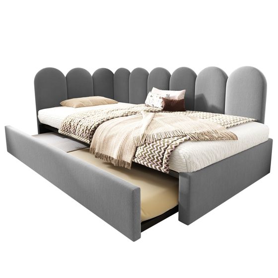 säng 90x200 cm grå sammet metall spånskiva med utdragsbart underläge och förvaring