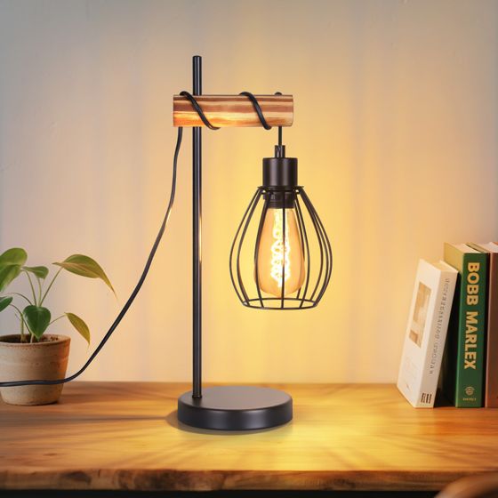 NETTLIFE Bordslampa för vardagsrum vintage bordslampa trä: svart nattlampa 1 ljus industriell design metall E27 sockel utan glödlampa