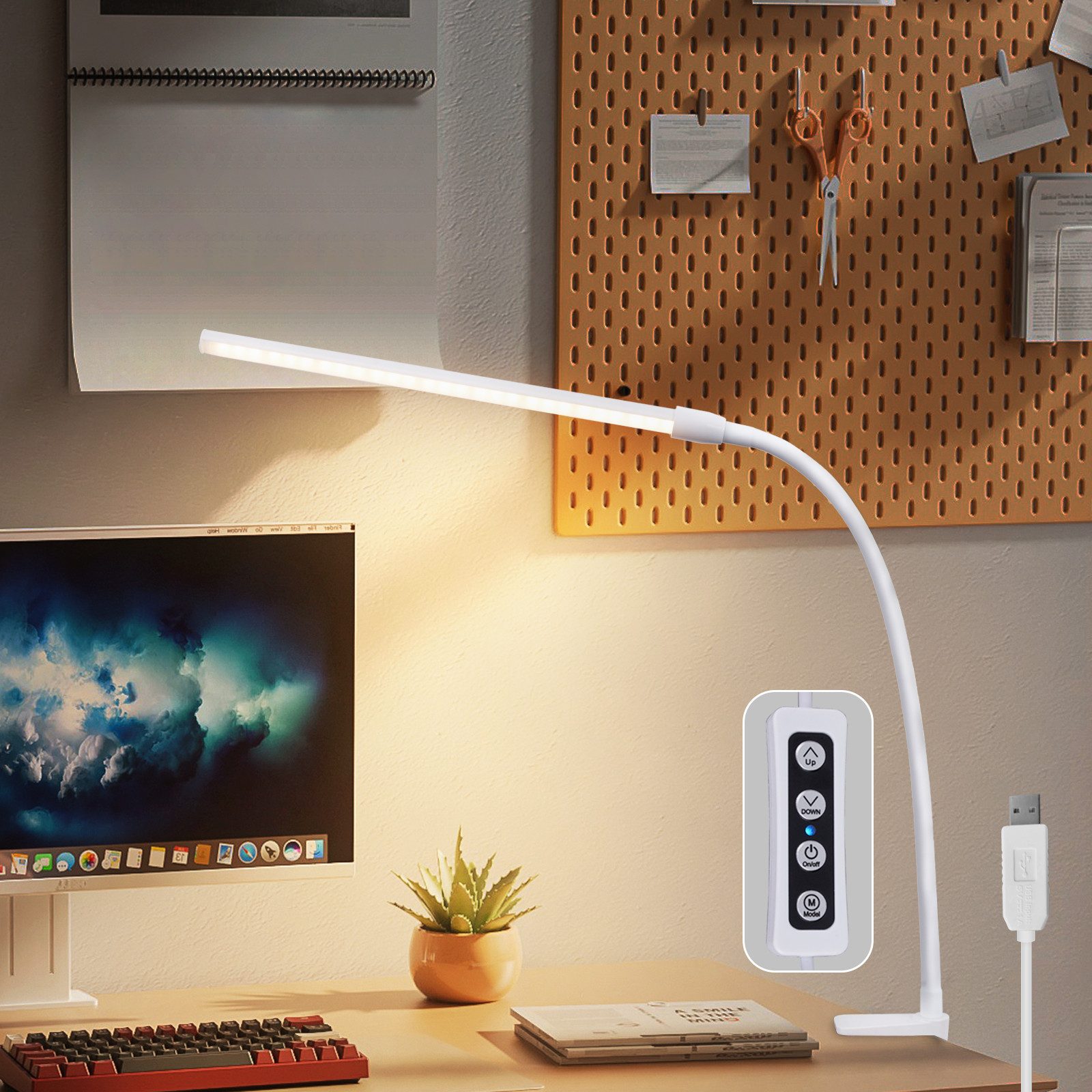 NETTLIFE LED-bordslampa, dagsljus, vit, klämfäste, 3 färgtemperaturer, 5 ljusstyrkenivåer, USB, flexibel, 5 W