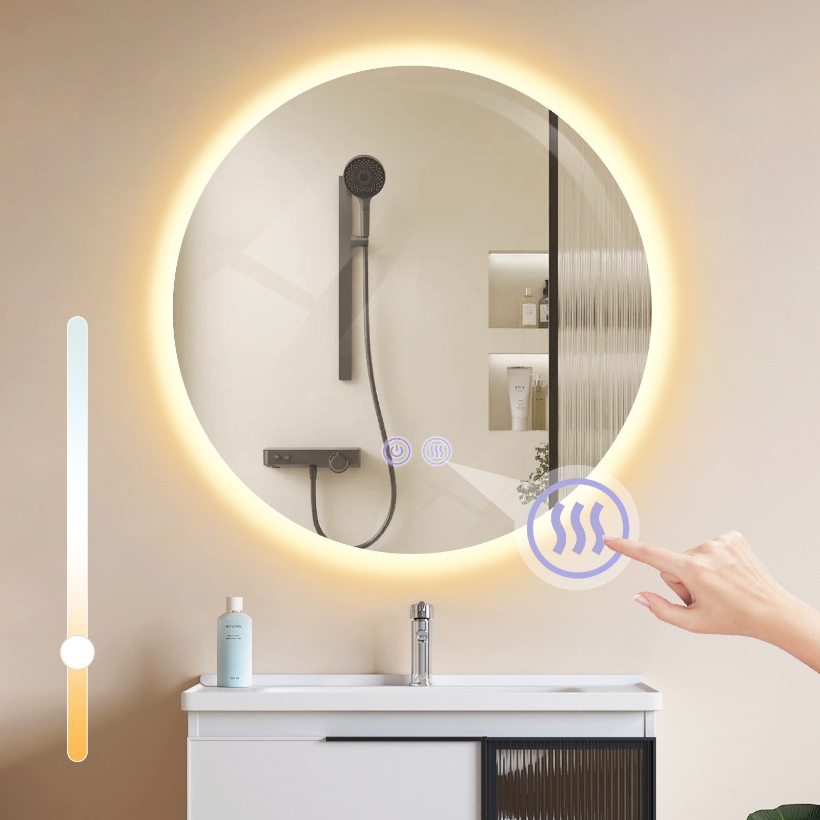 NETTLIFEBadrumsspegel med belysning, Rund, 50 cm Badrumsspegel, LED - väggspegel med touchfunktion