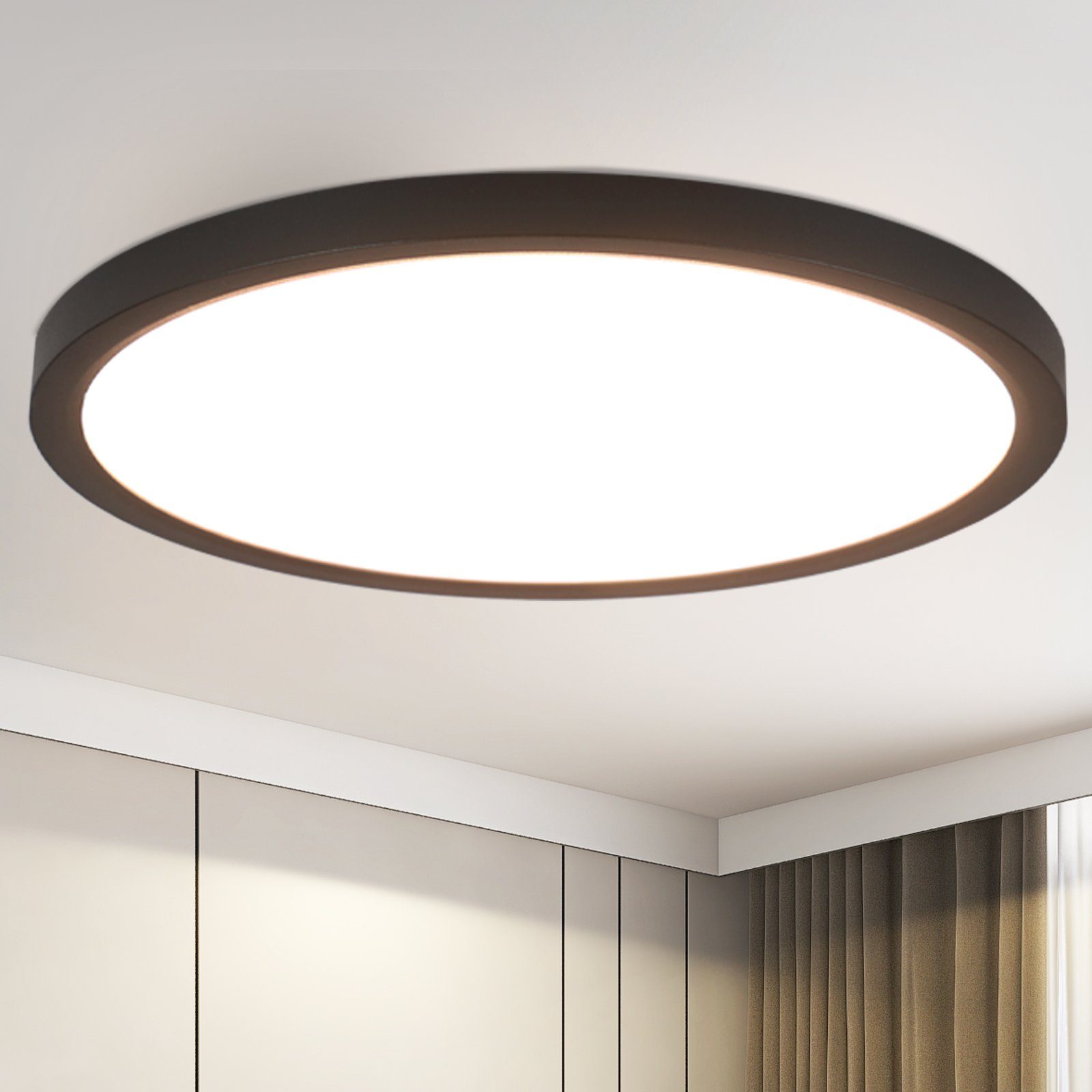 NETTLIFE LED - taklampa, platt, svart, 4000K, för sovrum, 24W För badrum, hall, rundFör kök