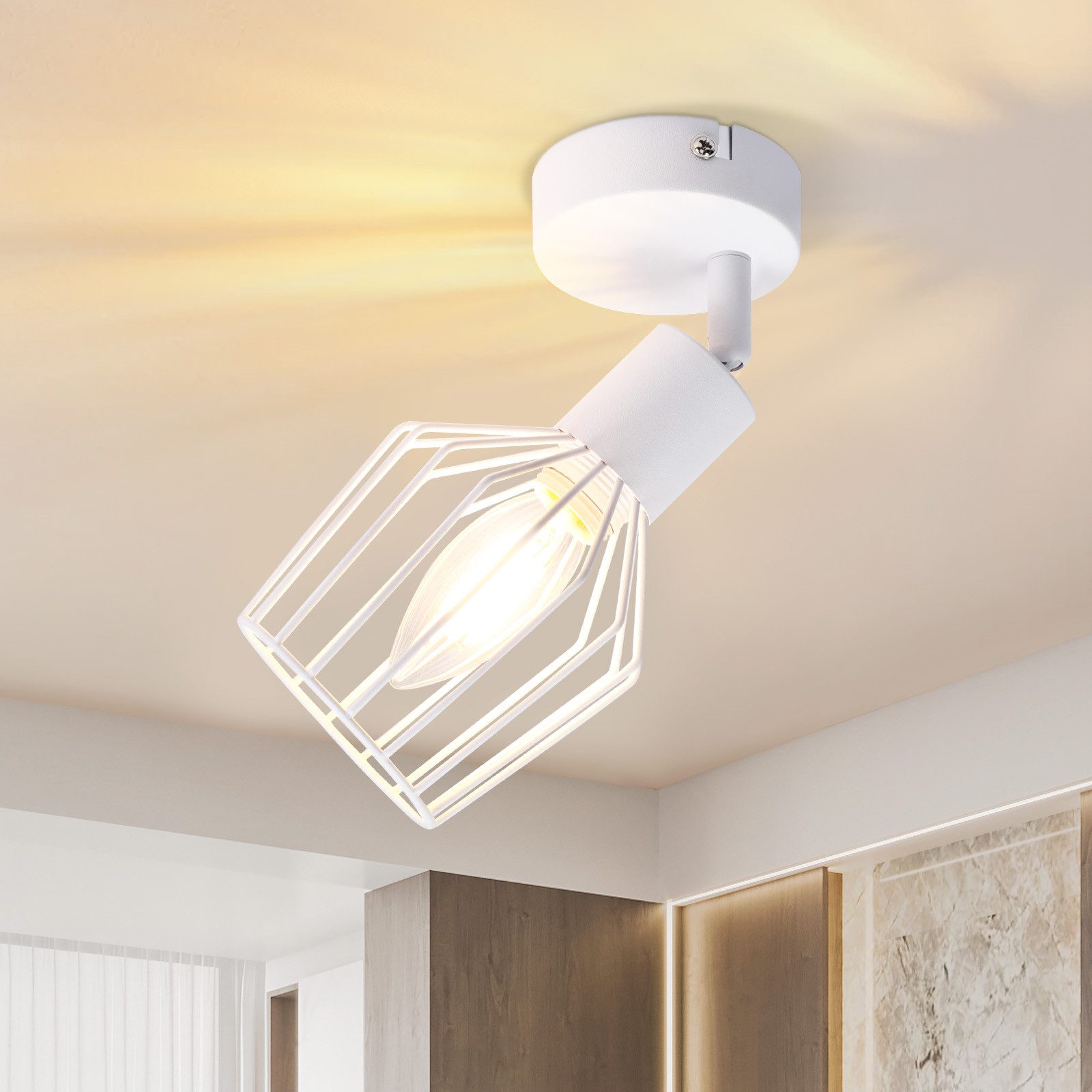 NETTLIFE E14 takspotlight - metall, 350° vridbar industriell halllampa, vägglampa för hall och vardagsrum, vit