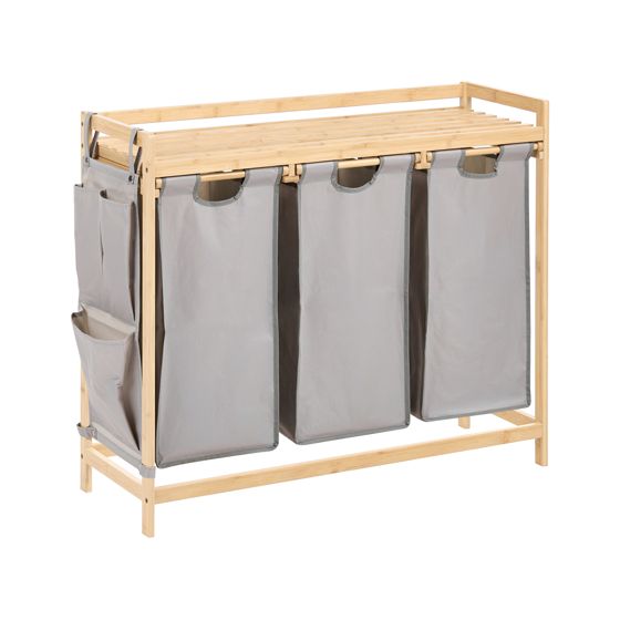 Set med 3 tvättkorgar med hylla TOROTAL Bambu Ljusbrun/ Grå 120 L