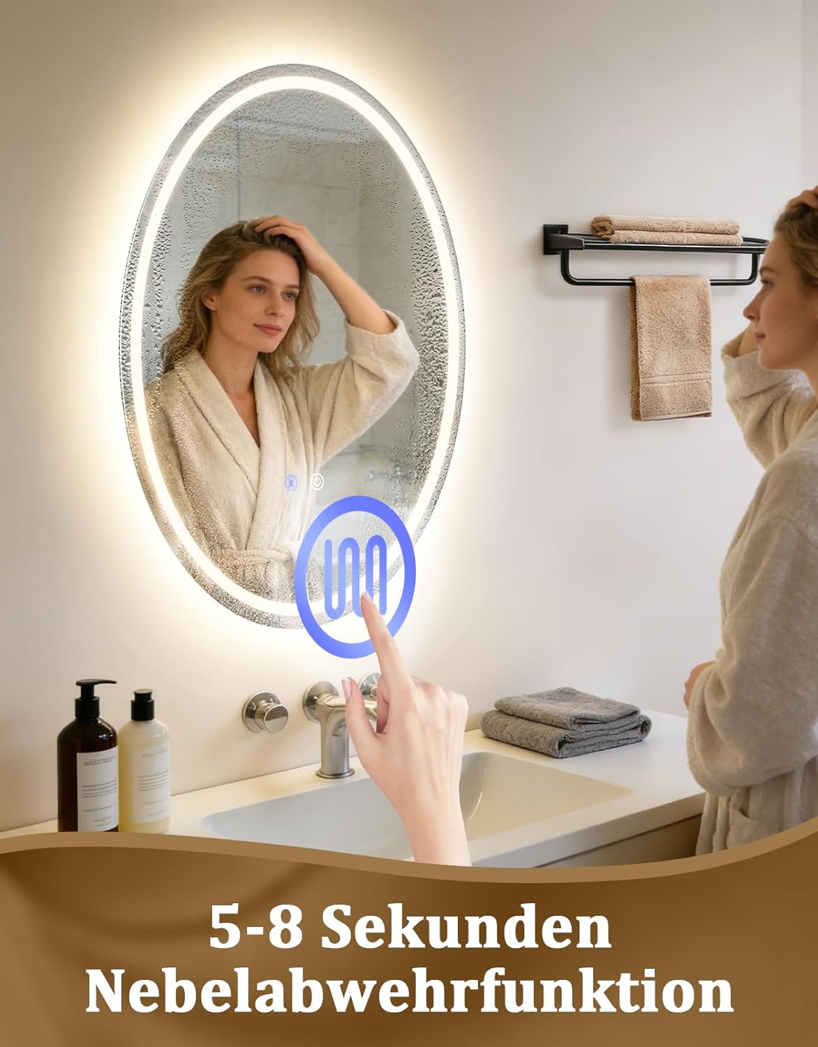 NETTLIFE Oval LED Badrumsspegel 50x70cm, Pekskärm, Imfri, Dimbar 3000-6500K, IP44 Belyst Spegel