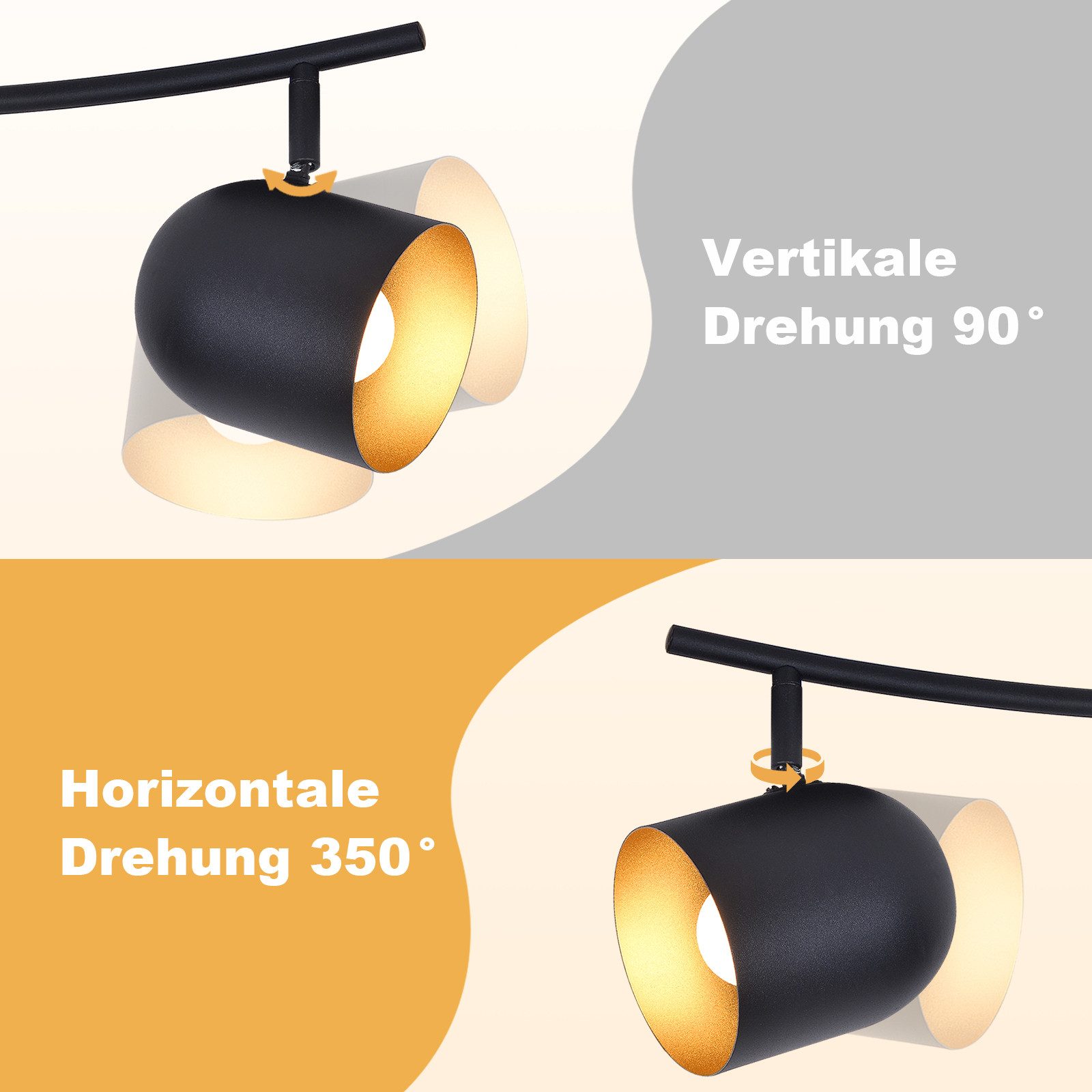 NETTLIFE Taklampa E14 svartguld takspotlight för hall industriell stil vintage-stil justerbar utan glödlampa 350° justerbar