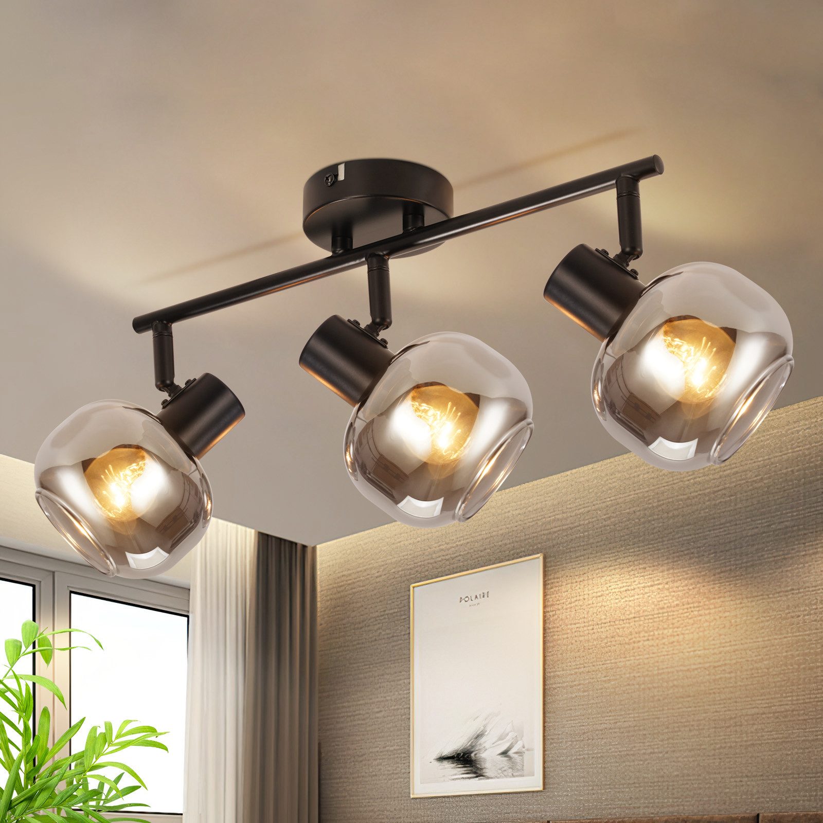 NETTLIFE takspotlight svart 3 lampor modern glastaklampa 350° justerbar spotlight E14