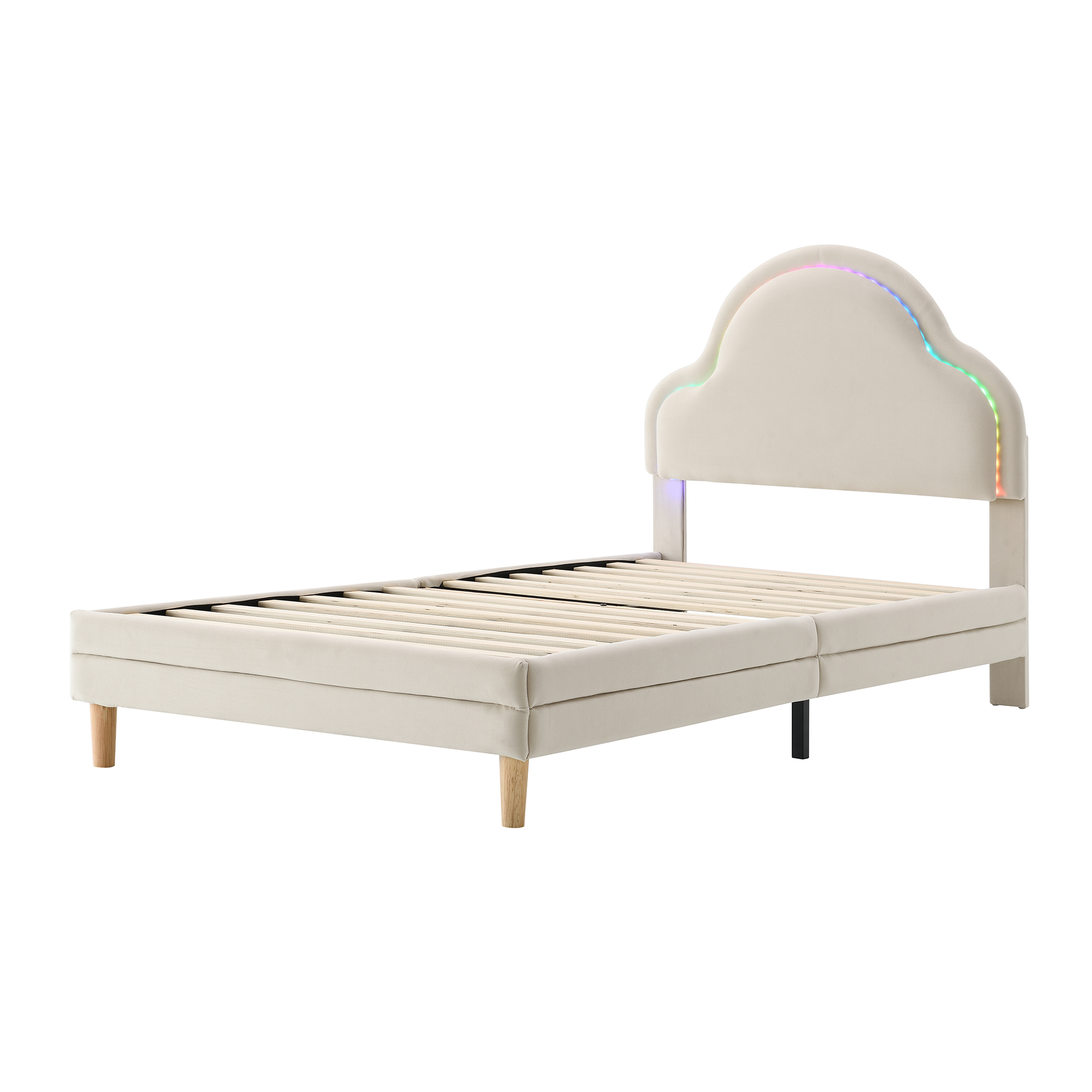 Barnsäng 90x200 cm med ribbotten i trä, beige sammet