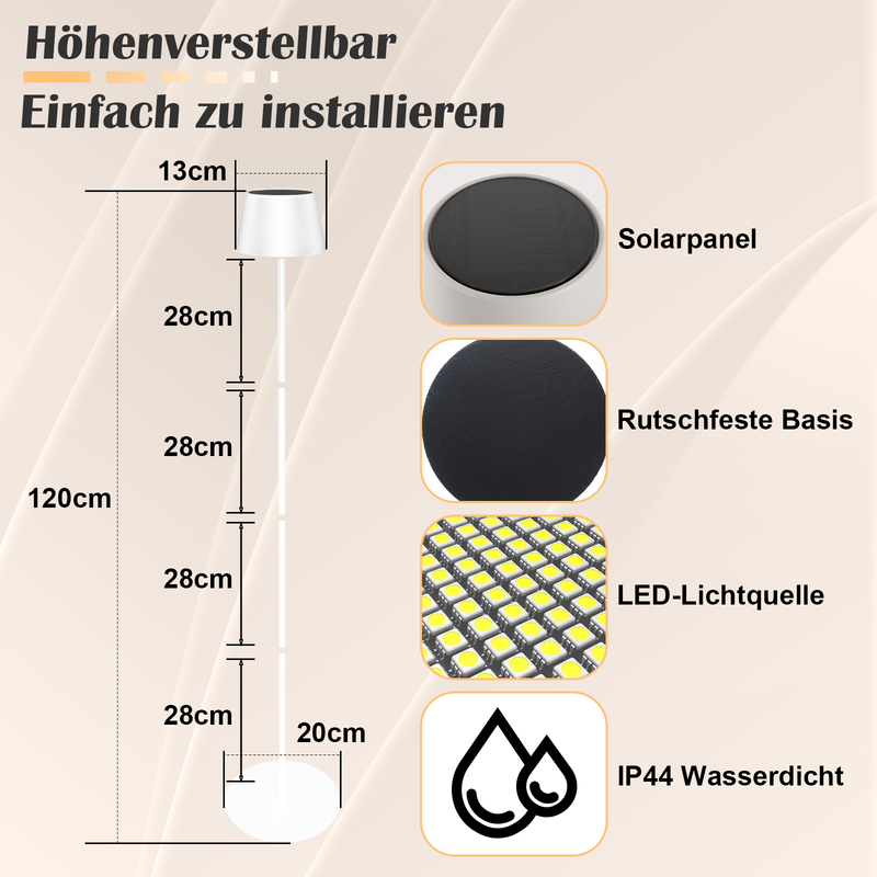 NETTLIFE 120 cm solcellsdriven LED-golvlampa för utomhusbruk, dimbar, USB-C-laddningsbart batteri, vit, justerbar höjd