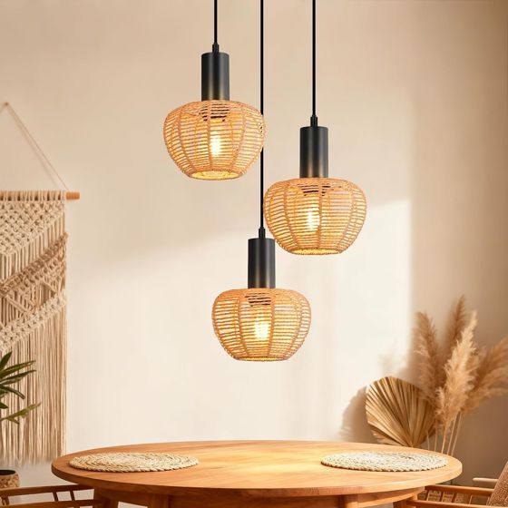 NETTLIFE pendellampa retro bohemisk svart rottingpendellampa, 3 ljuskällor E27