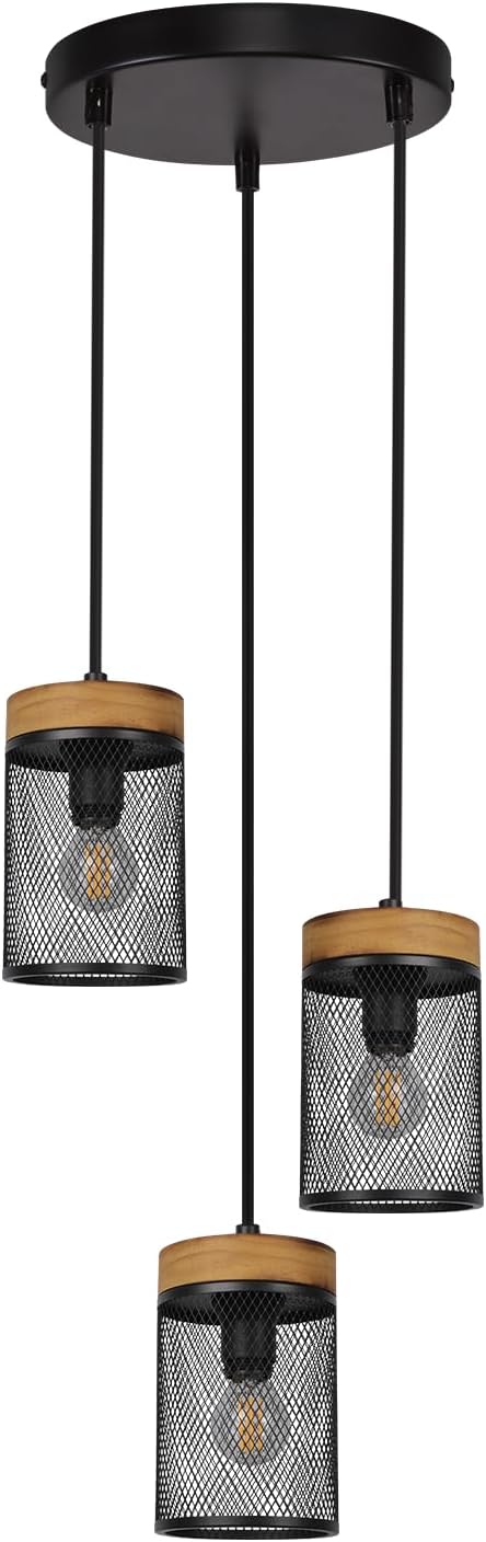 NETTLIFE Matbordslampa med 3 ljuskällor, E14-ljuskrona i vintagestil i trä och svart metall, retrostil (glödlampor ingår ej)