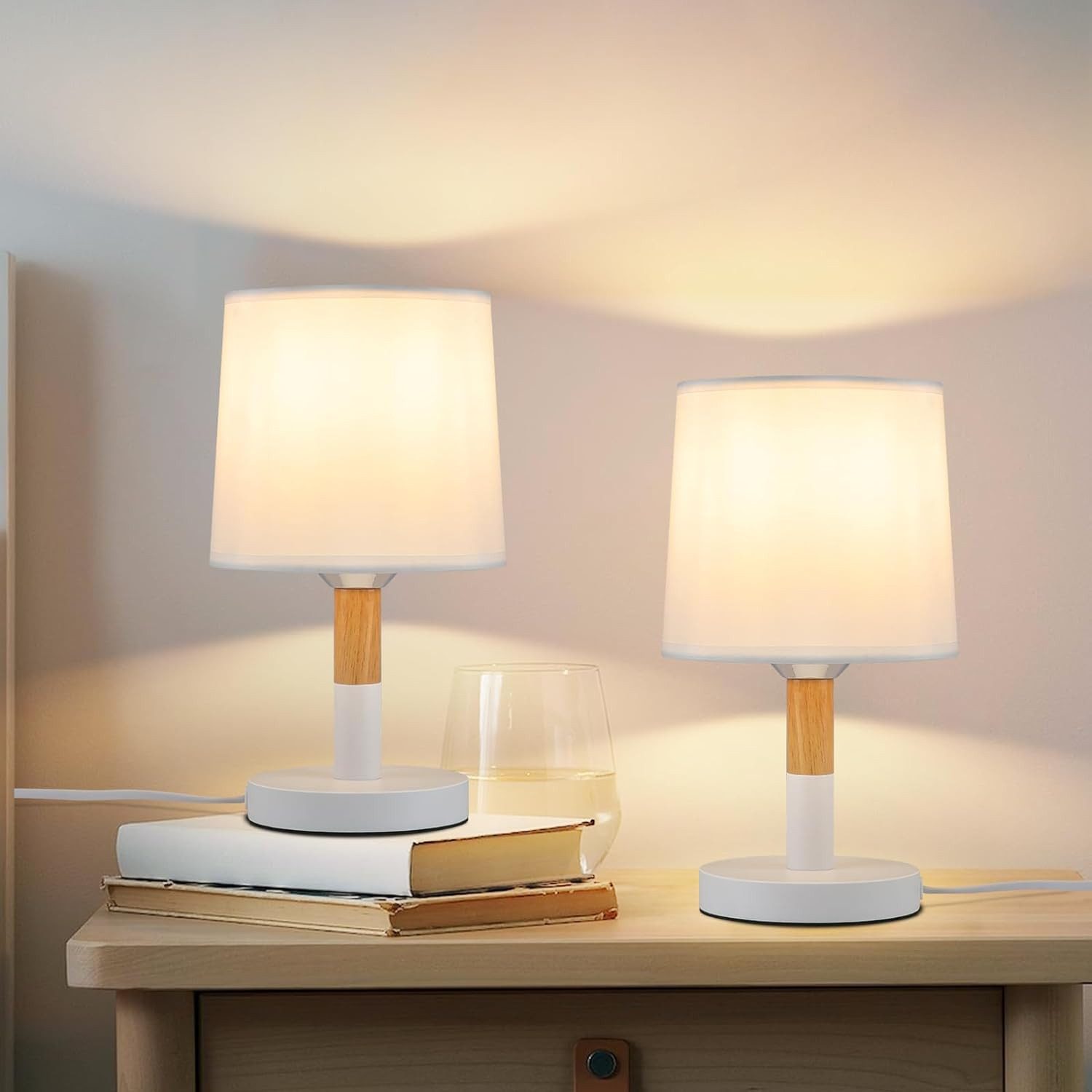 NETTLIFE Nattduksbordslampset, 2 delar, vardagsrum, bordslampa - trä, E27-sockel, sänglampa, för sovrum Vit