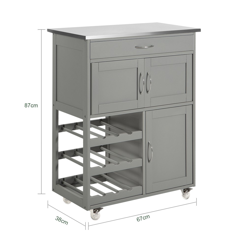 SoBuy Köksvagn med hjul – Multifunktionell rullande förvaringsvagn, köksö med vinställ – Mobil skänk för små kök, matsal och trädgårdsbruk grå 67x86x38cm FKW45-HG