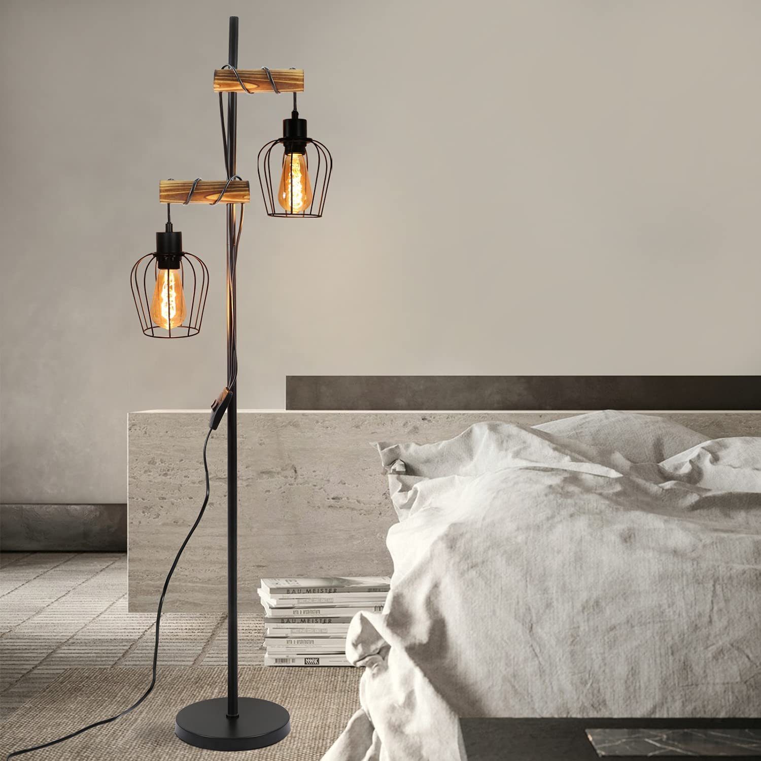 NETTLIFE Vintage - golvlampa för vardagsrum, trä, 2 lågor, industridesign, metall, svart strömbrytare, E27 - höjd: 151 cm - utan glödlampa