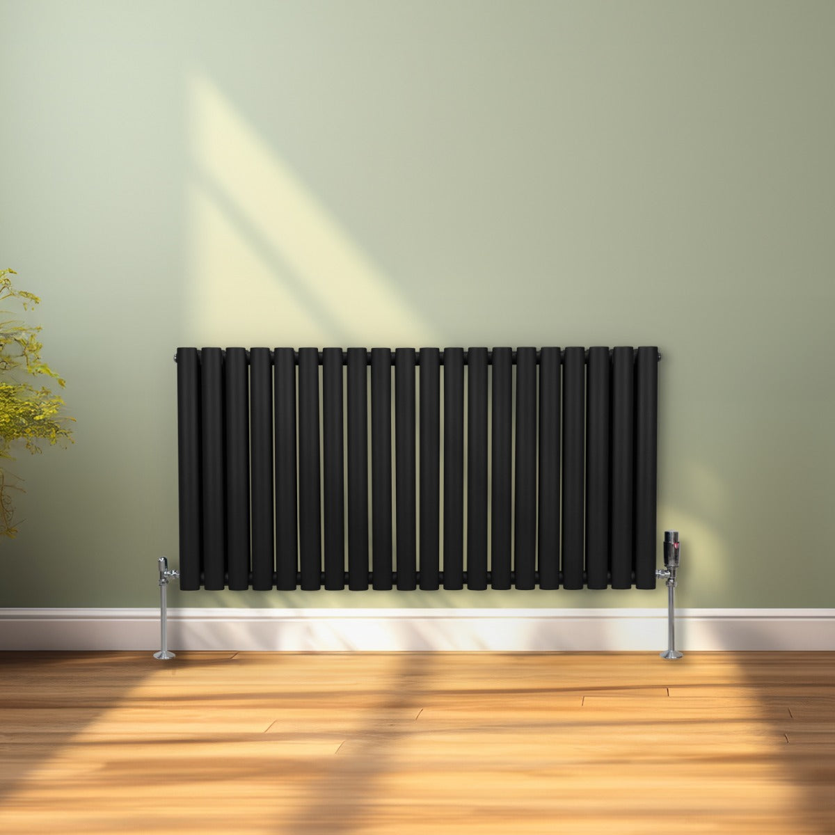 Oval kolumnradiator och ventiler - 600 mm x 1200 mm - Svart