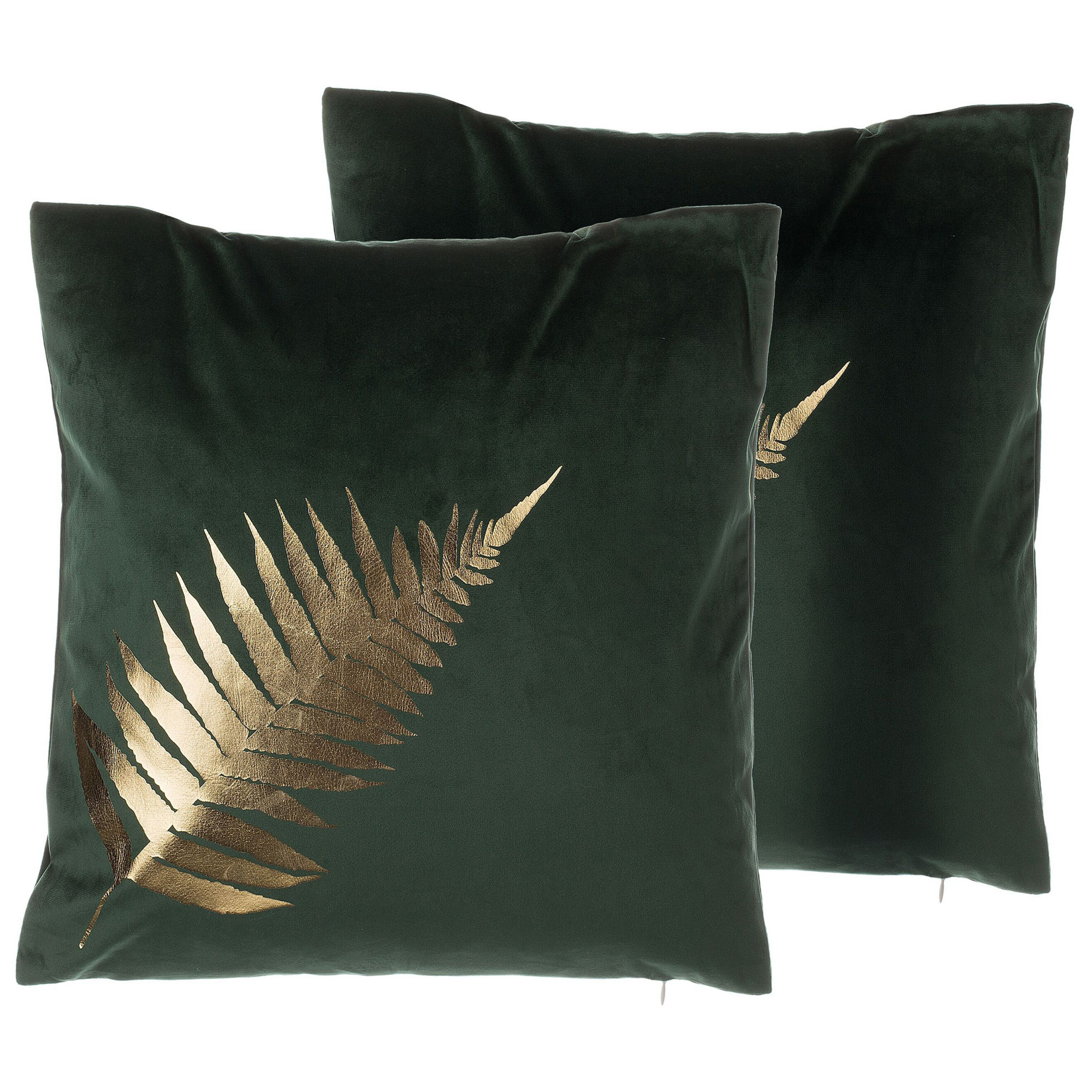 Set med 2 prydnadskuddar FERN 45 x 45 cm Sammet Mörkgrön Växtmotiv