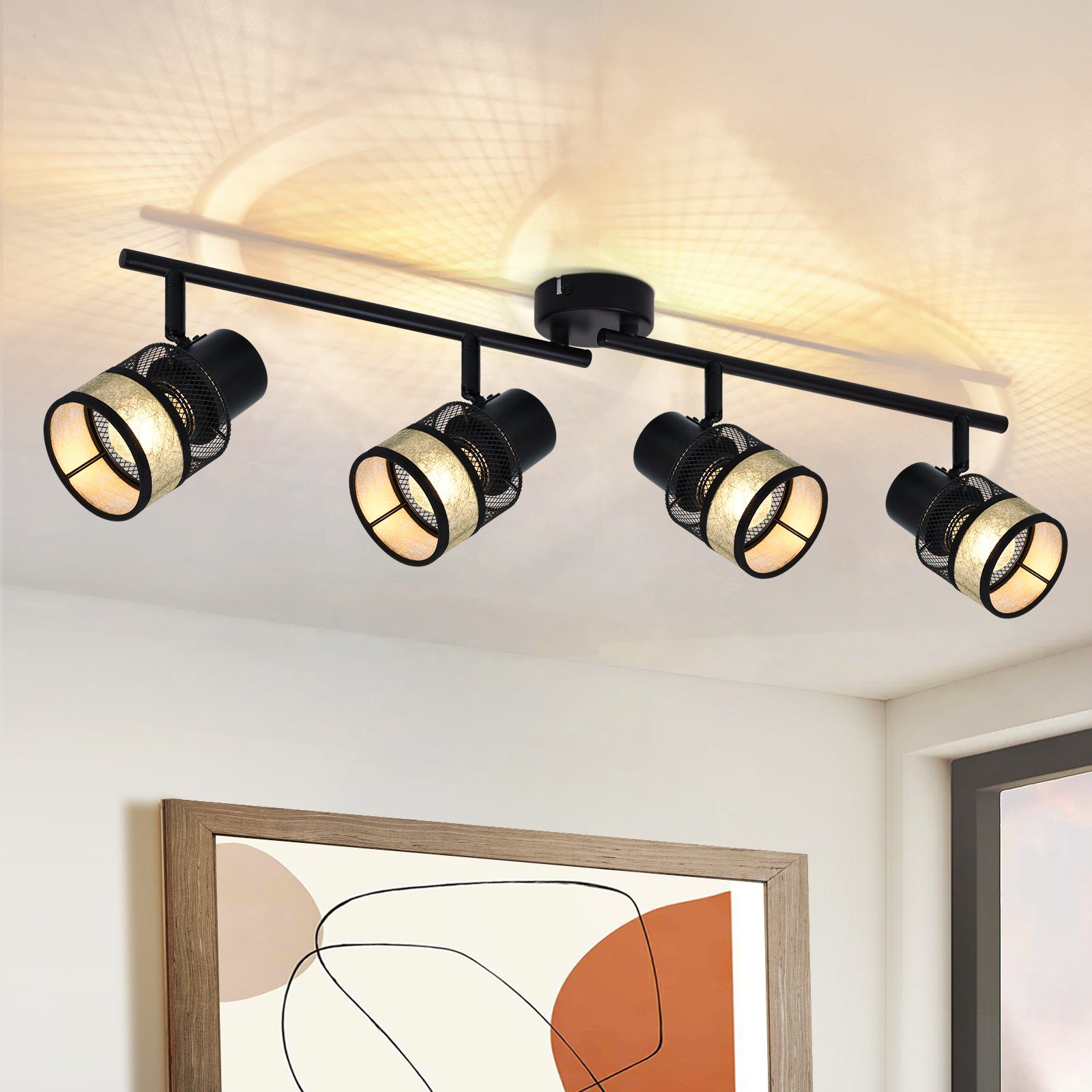 NETTLIFE - taklampa, 4 metallspotlights, E27, max. 25 W, vintage - svart, 330°, guldfärgad tygskärm