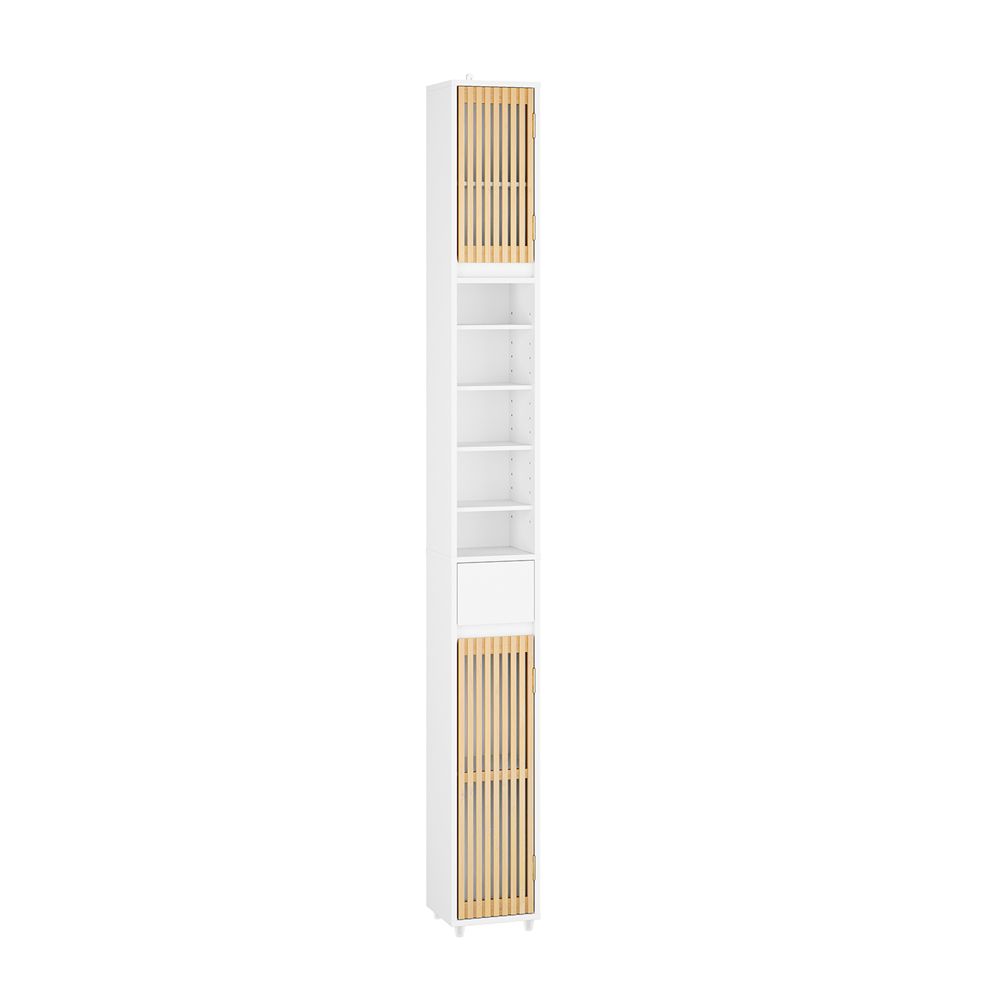 SoBuy Badrumsskåp smalt, badrumsskåp högt med 6 höjdjusterbara hyllor, badrumsmöbler nischhylla för små badrum av trä, vattenavvisande, vitt, 20 x 20 x 180 cm, BZR34-BW