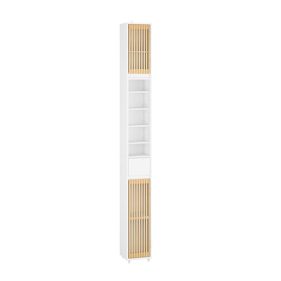 SoBuy Badrumsskåp smalt, badrumsskåp högt med 6 höjdjusterbara hyllor, badrumsmöbler nischhylla för små badrum av trä, vattenavvisande, vitt, 20 x 20 x 180 cm, BZR34-BW