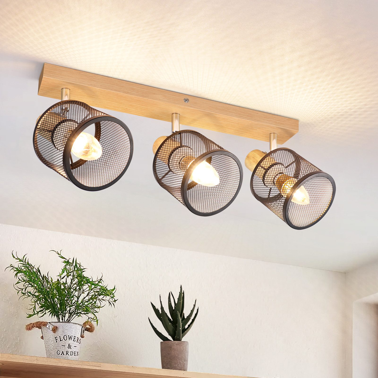 NETTLIFE Taklampa, 3 lysdioder, svart trämönster - taklampa E14, justerbar 350°, 4 ljuskällor, max 25 W