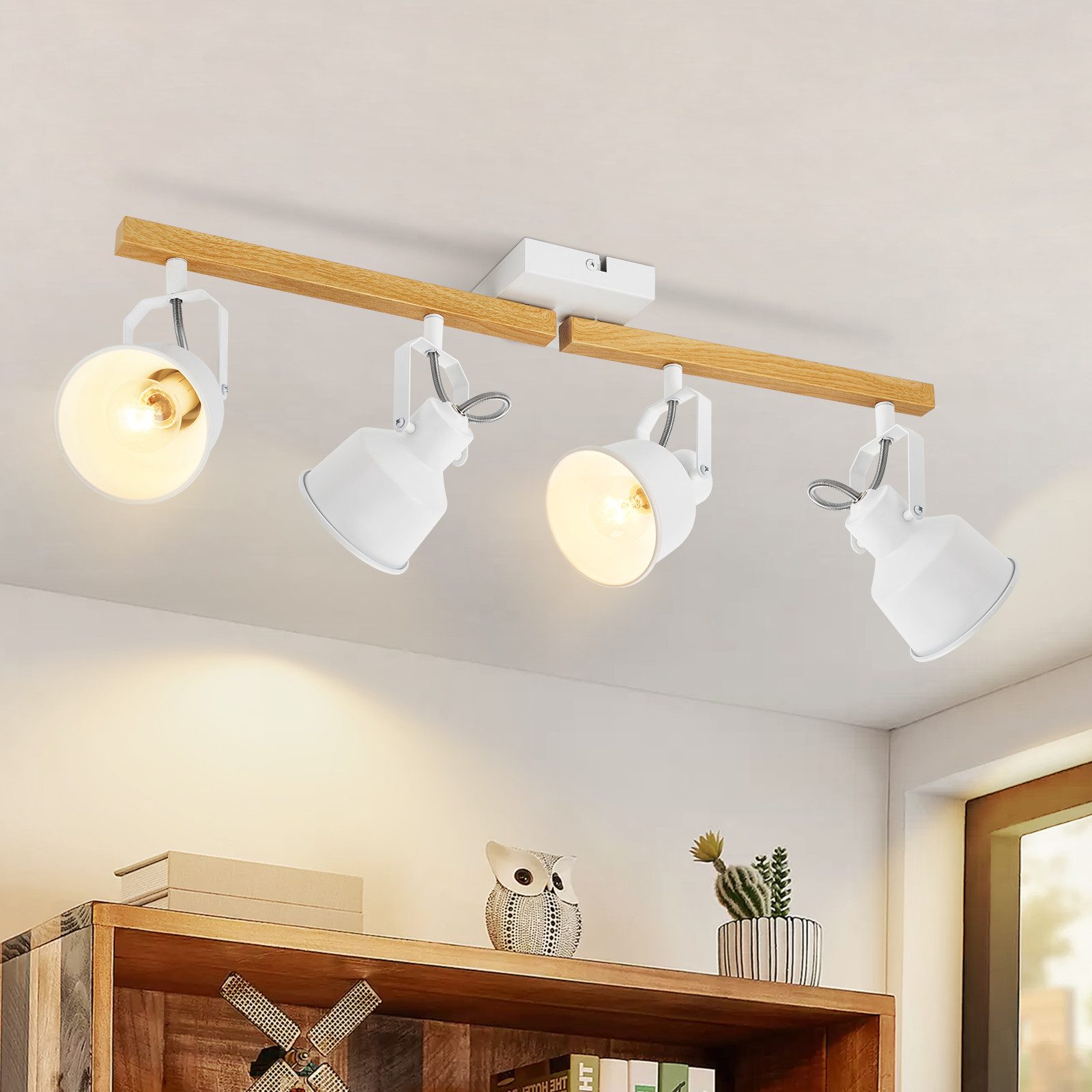 NETTLIFE Takspotlight med 4 lampor, 350° justerbar, vintage E14, högkvalitativ design med träådring