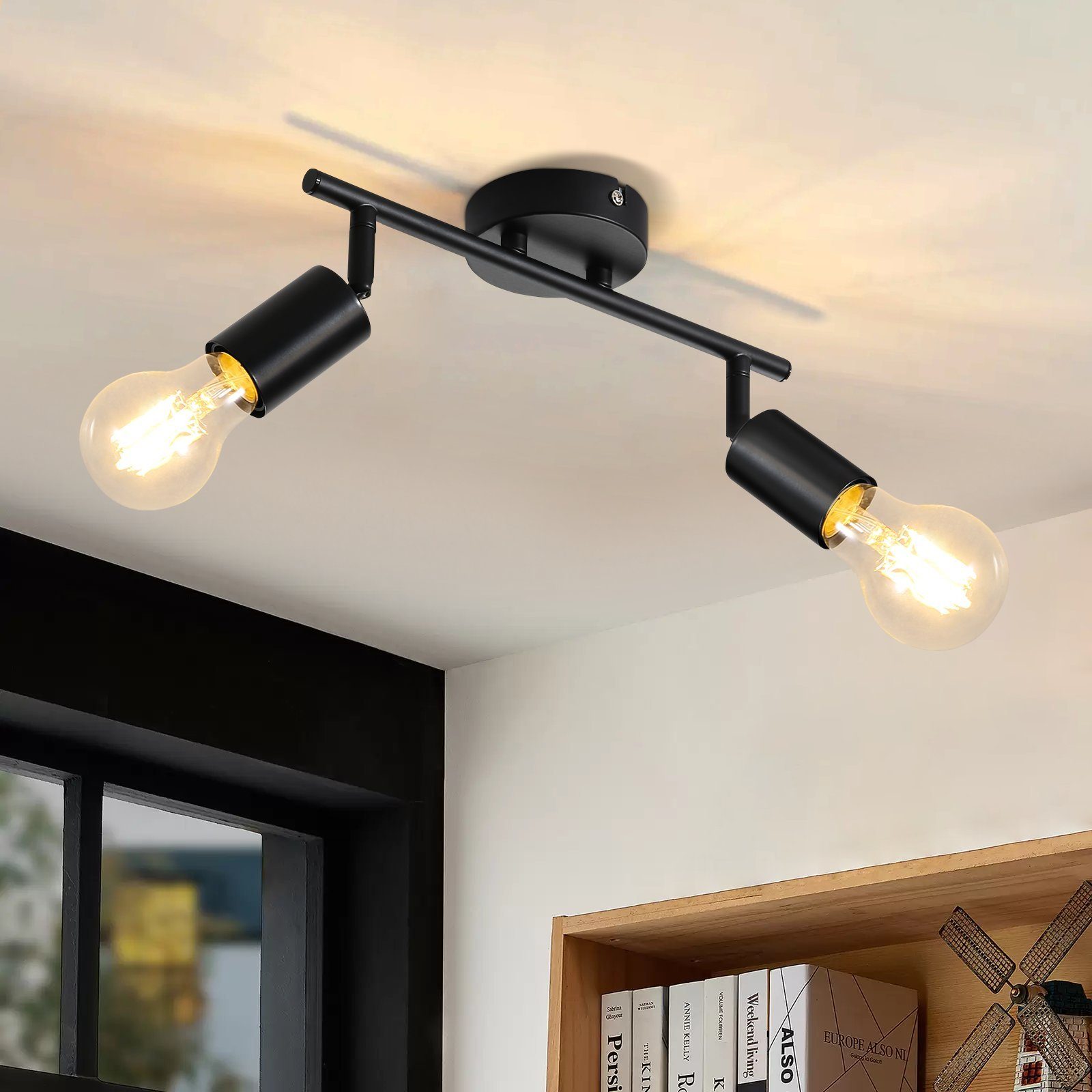 NETTLIFE Taklampa svart taklampa takspotlight med 2 ljuskällor E27 vintagestil justerbar 350° industriell stil