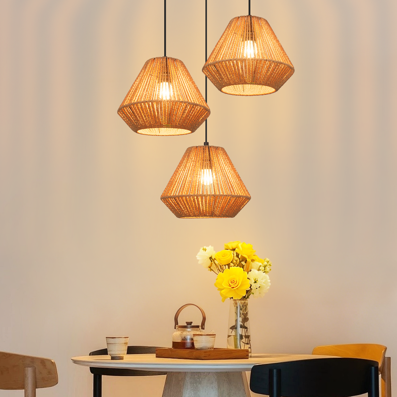 NETTLIFE 3-ljuslampor rottingpendellampa vintage flätad hö E27 boho justerbar höjd sovrum vardagsrum (lampa ingår ej)