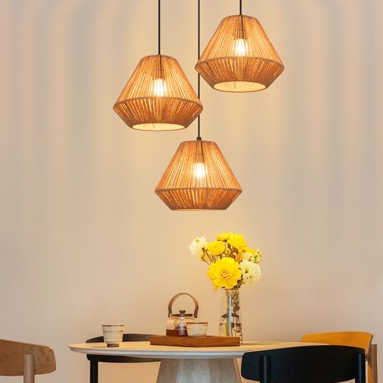 NETTLIFE 3-ljuslampor rottingpendellampa vintage flätad hö E27 boho justerbar höjd sovrum vardagsrum (lampa ingår ej)