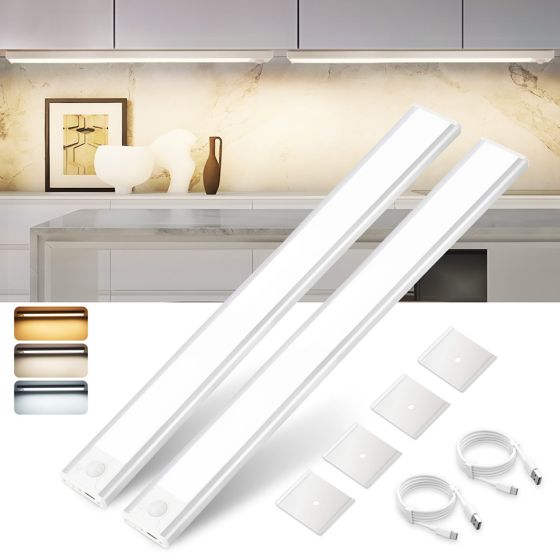 NETTLIFE 2 x LED-underskåpslampa med rörelsesensor, USB-laddningsbar, 1500 mAh, perfekt för garderob, hall eller garderober