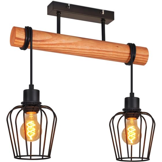 NETTLIFE Vintage taklampa i trä och svart metall Industriell retro taklampa 2xE27 för hall och kök (utan glödlampor)