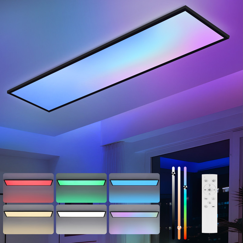 NETTLIFE LED-taklampa 100x25 - Dimbar takpanel RGB färgskiftande lång platt taklampa med fjärrkontroll svart 24W