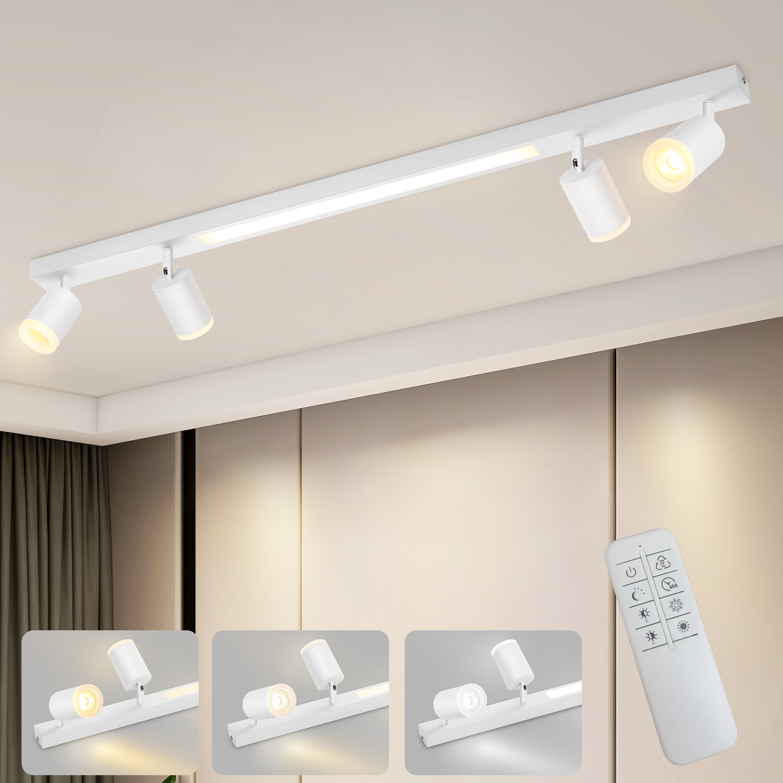 NETTLIFE LED-taklampa 4 dimbara lampor 38W vit med fjärrkontroll 3000K-6500K justerbar 350°