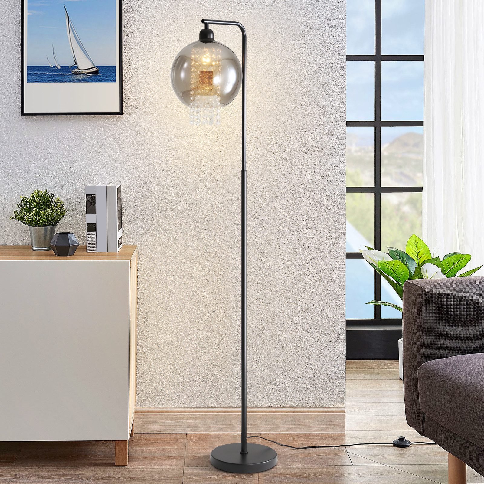 NETTLIFE - inomhusgolvlampa, 1 låga, E27, rökgrå, stor kristallgolvlampa för kontorssoffa