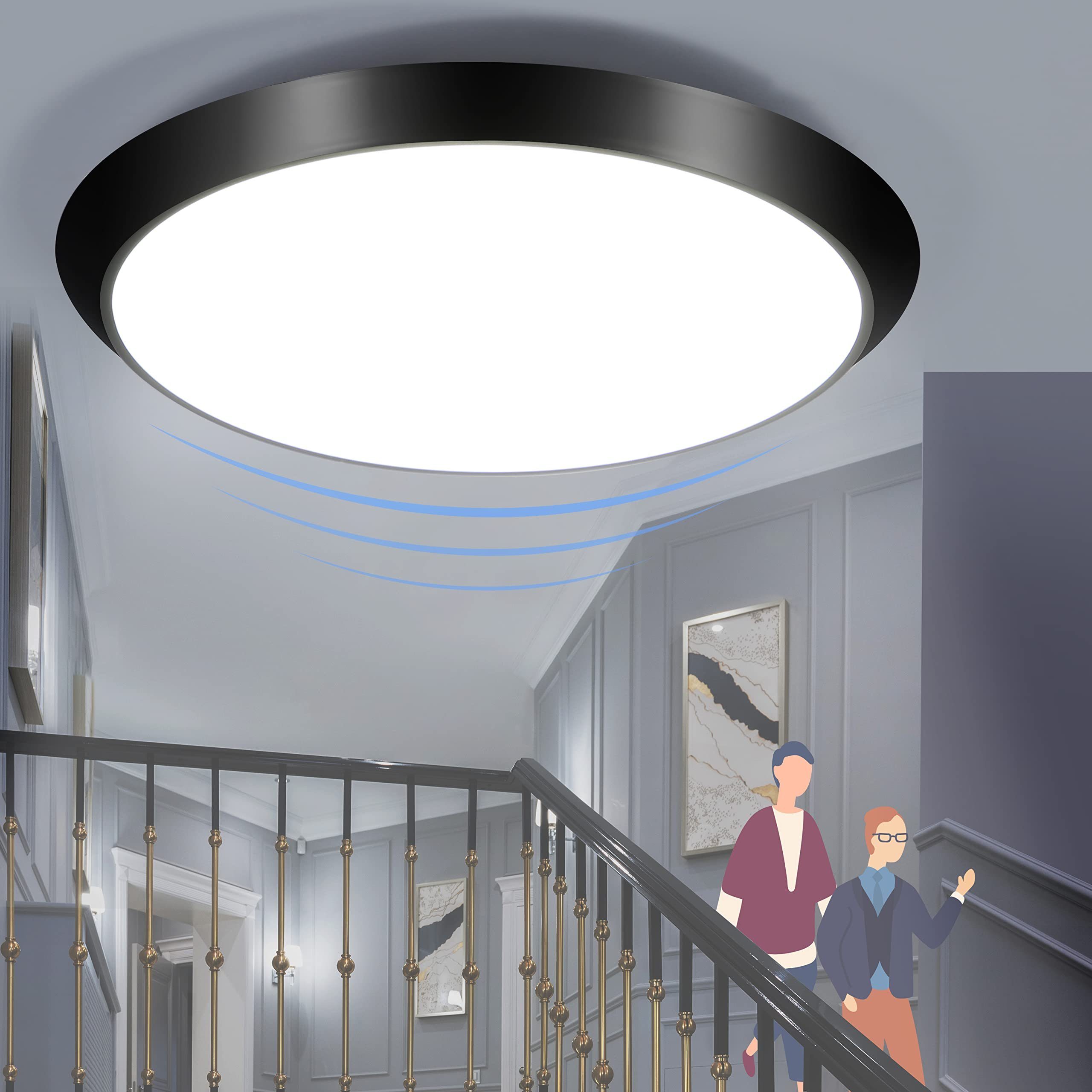 NETTLIFE LED - taklampa, för inomhusbruk med rörelsesensor, svart IP44 15 W, Rund källarlampa, med rörelsesensor Ø 30 cm, 4000K