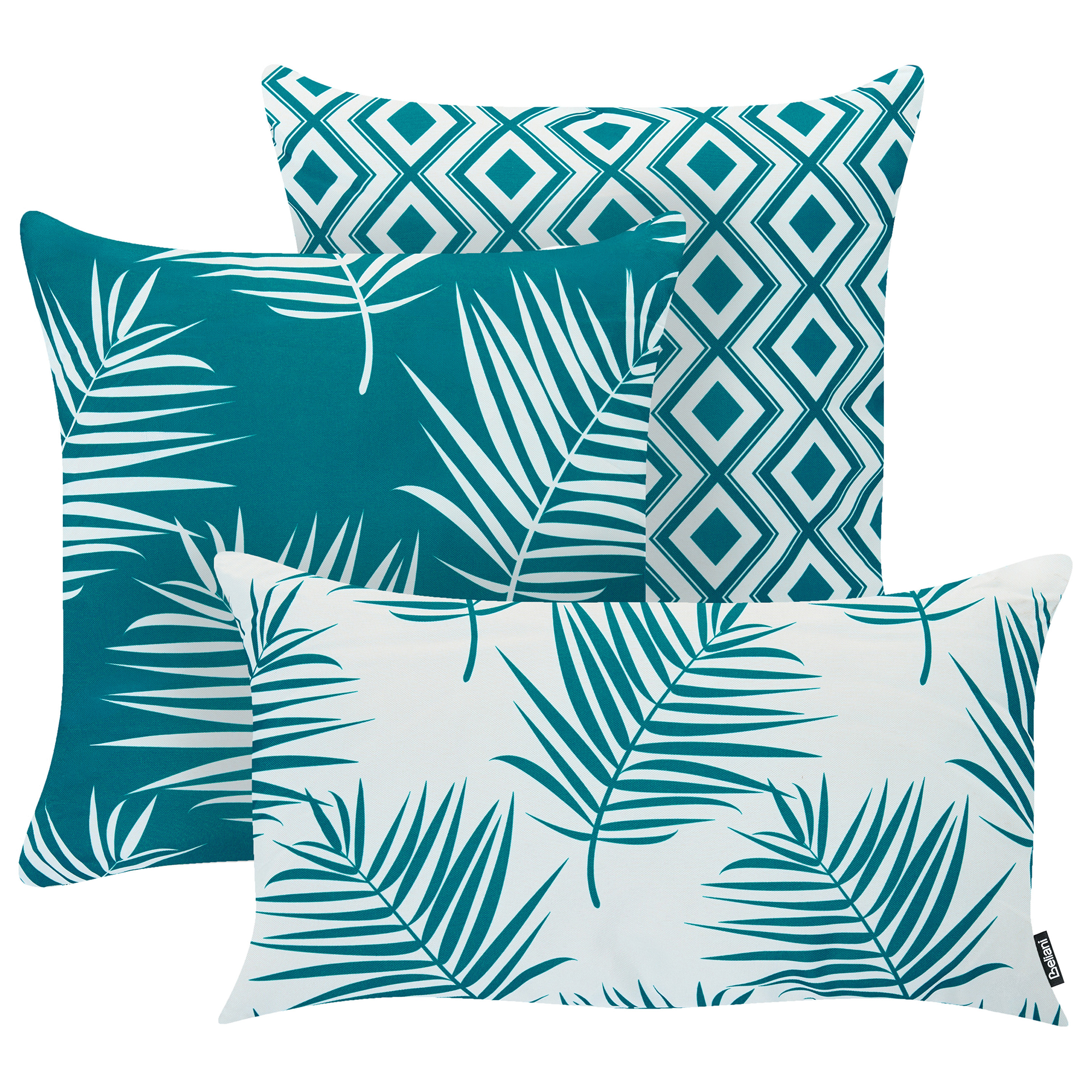 Set med 3 utomhusdynor BIRDWOOD Växtmotiv 30 x 50 cm 45 x 45 cm Turkos