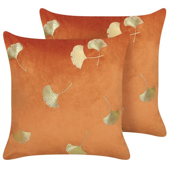 Set med 2 prydnadskuddar TULIP 45 x 45 cm Sammet Orange Växtmotiv