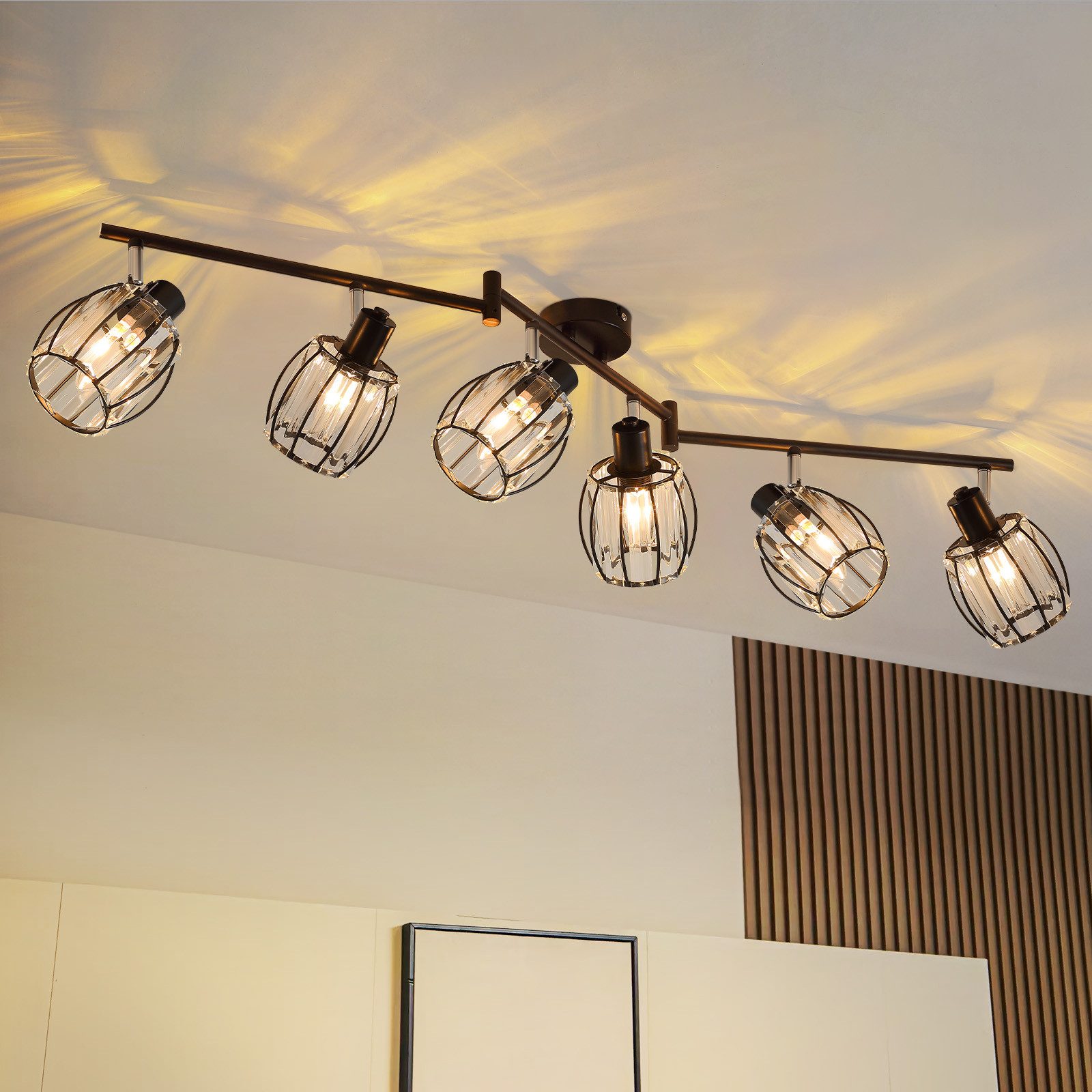 NETTLIFE taklampa i svart kristall i vintagestil, E14, med 6 ljuskällor för industriell hall, 350° vridbar