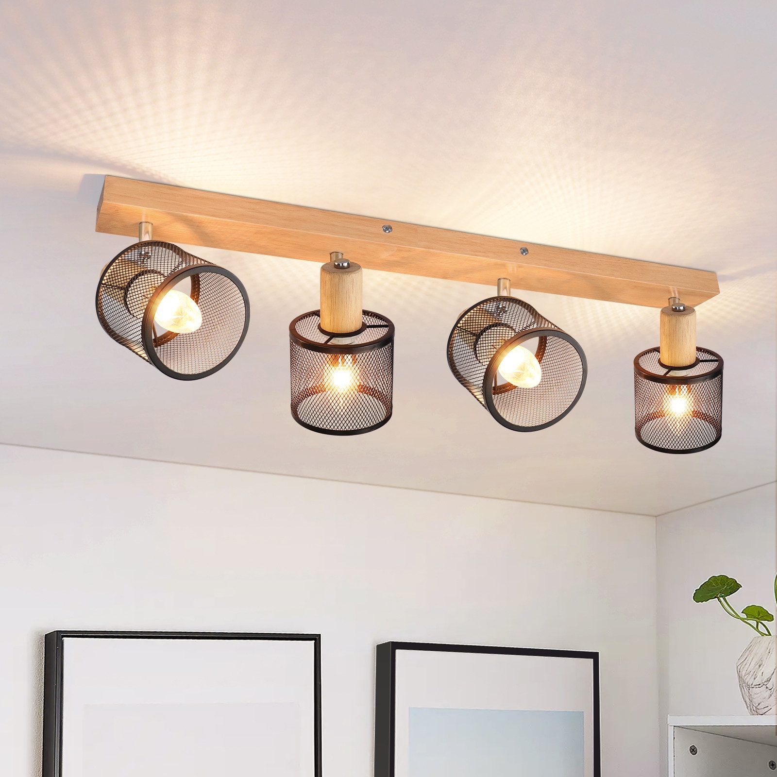 NETTLIFE taklampa 4-punkts svart trämönster - justerbar 350° E14, 4x max 25 W, modernt vardagsrum, sovrum, kök