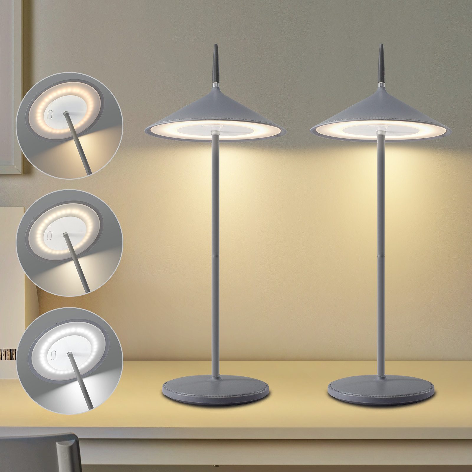 NETTLIFE trådlös bordslampa nattlampa 2 LED-bordslampor batteripack 1800mhA uppladdningsbar pekskärm dimbar modern grå IP44 USB