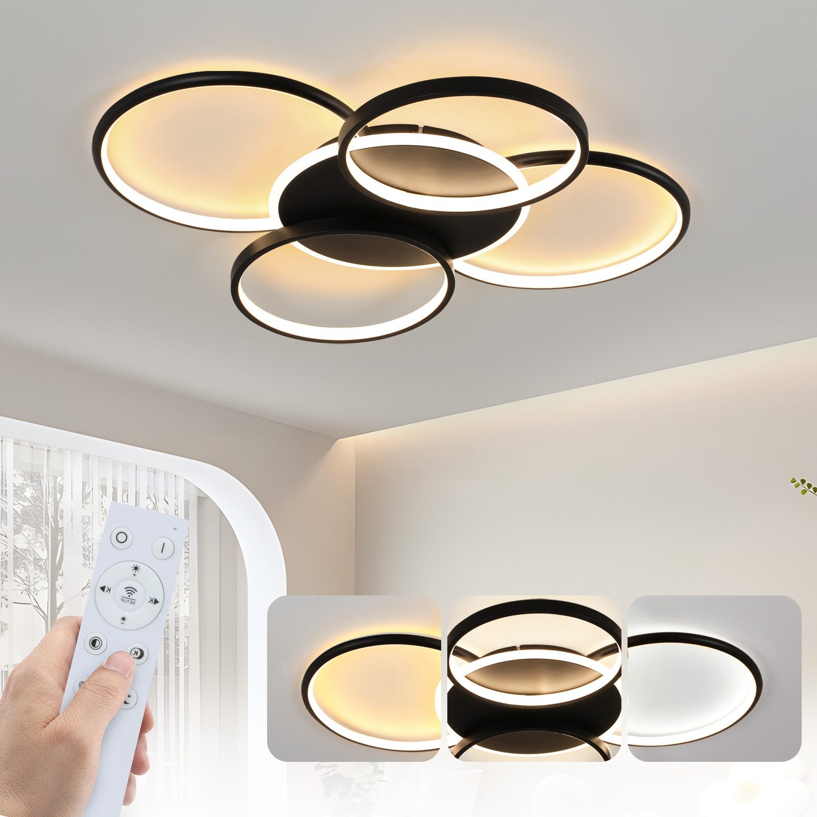 NETTLIFE LED - taklampa, för vardagsrum, dimbar, 70W Med fjärrkontroll, 5 ringar Vit, modern, akryl
